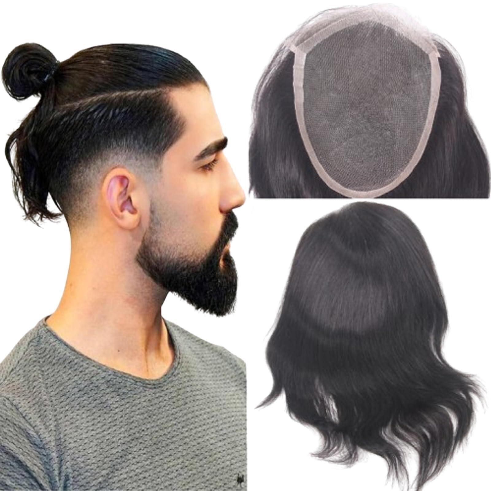Uomini Frontale in pizzo con toupee da uomo in PU, sistema di sostituzione dei capelli umani for Acconciatura(1B Black Color)