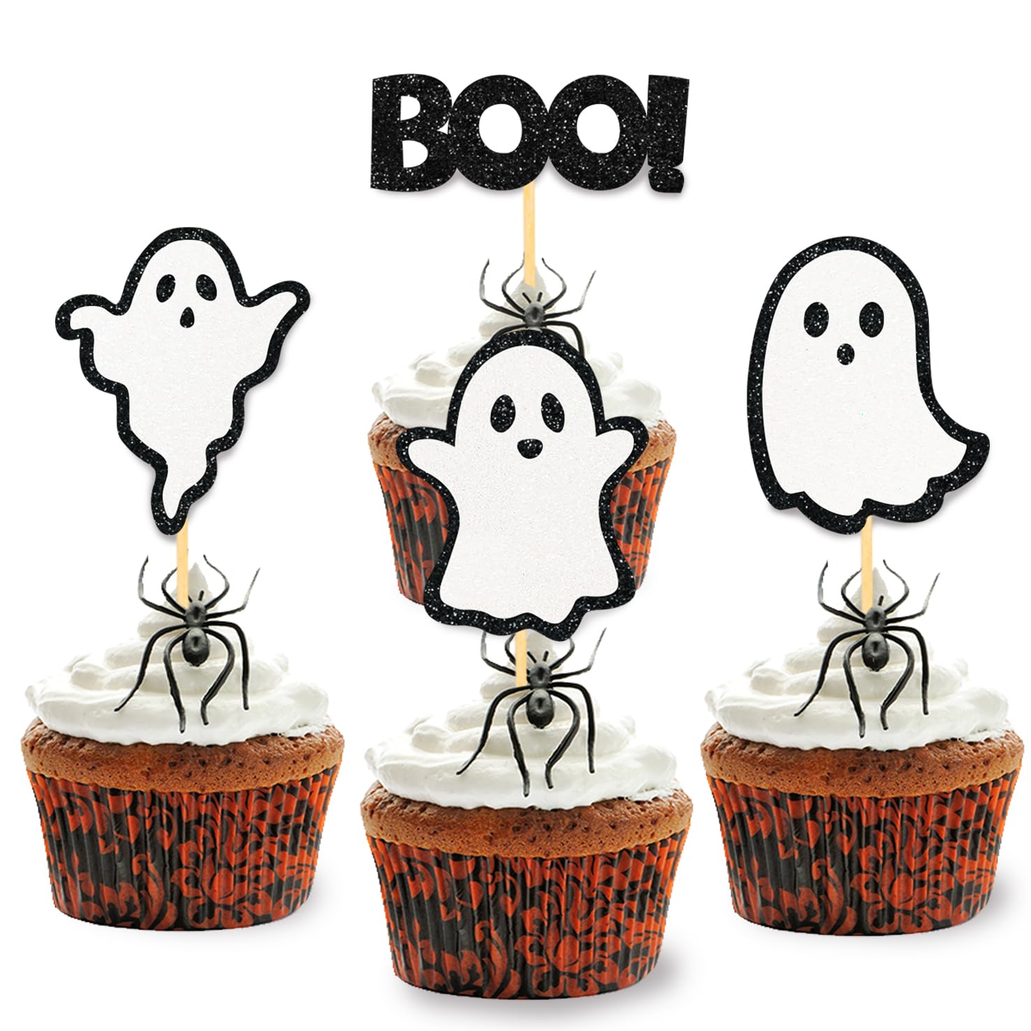 24 Pack Halloween Cupcake Toppers Glitter Ghost Decorations for Halloween Party Baby Shower, Gender Reveal Decorations (Black)