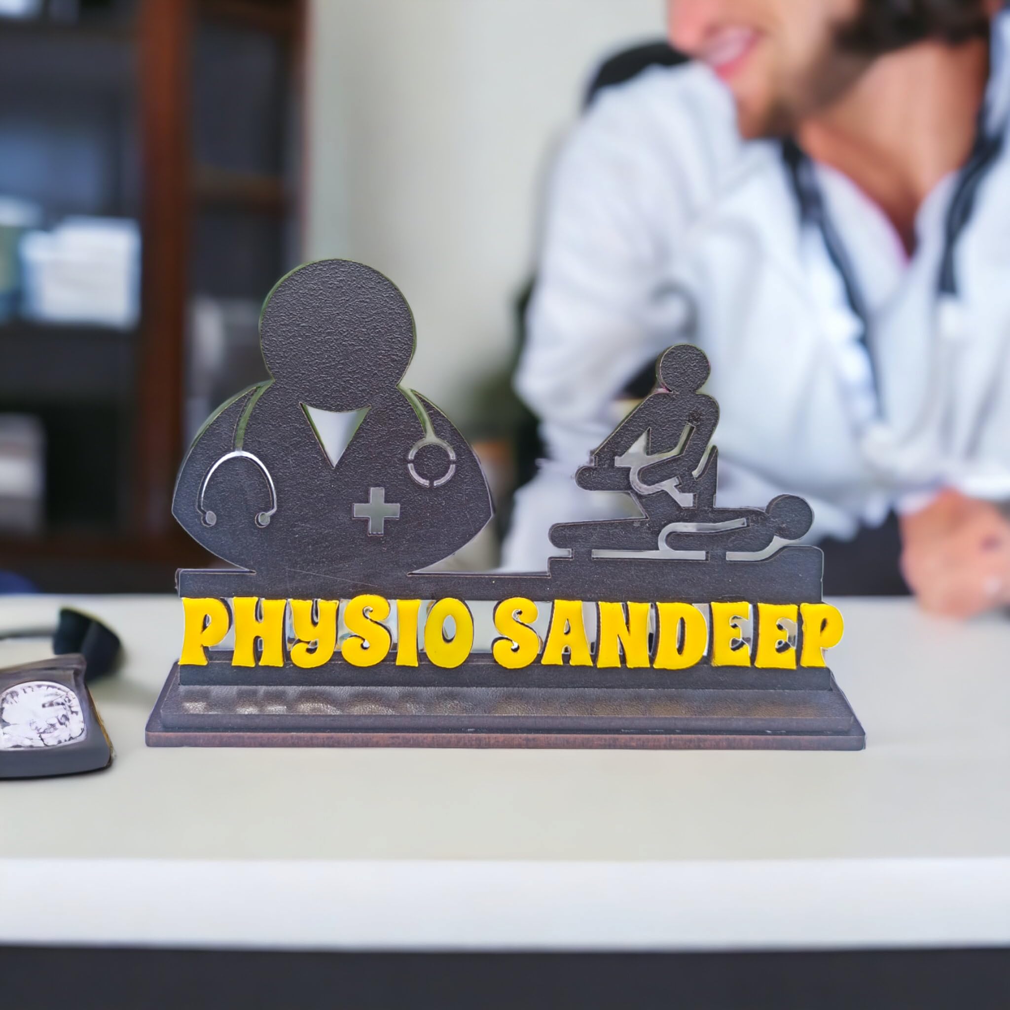 PhysioPro - Premium Table Top Name Plate for Physiotherapists | Imported Black MDF and Yellow Acrylic | Ideal Gift (4x6 inches) — Amazon image 3