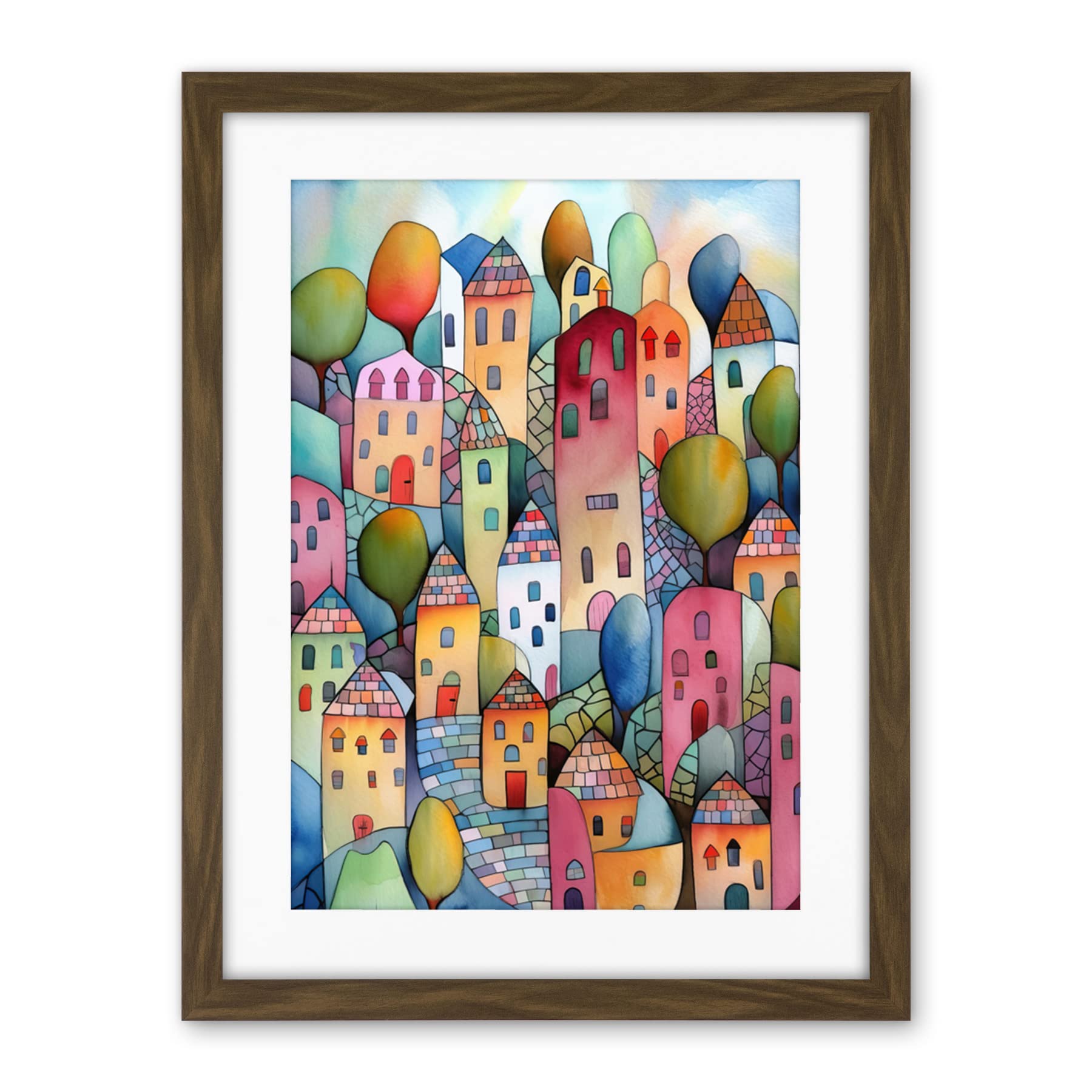 Artery8 Village On The Hill Cobble Streets Folk Art Artwork Framed Wall Art Print 18X24 Inch
