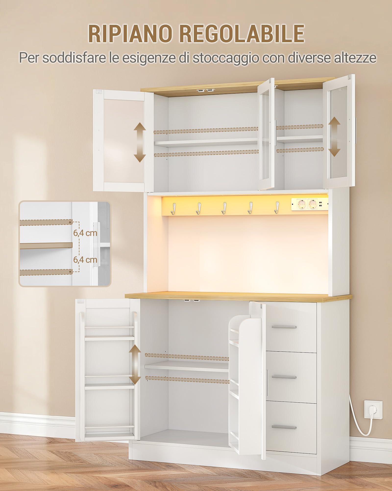 Hzuaneri Credenza Cucina, con 6 livelli Ripiano posteriore della porta, 5 Ante e 3 Cassetti, Illuminazione LED Regolabile e Presa Multipla, Cucina, Soggiorno, 40x100x180cm, Bianco-Rovere PT10303XEU