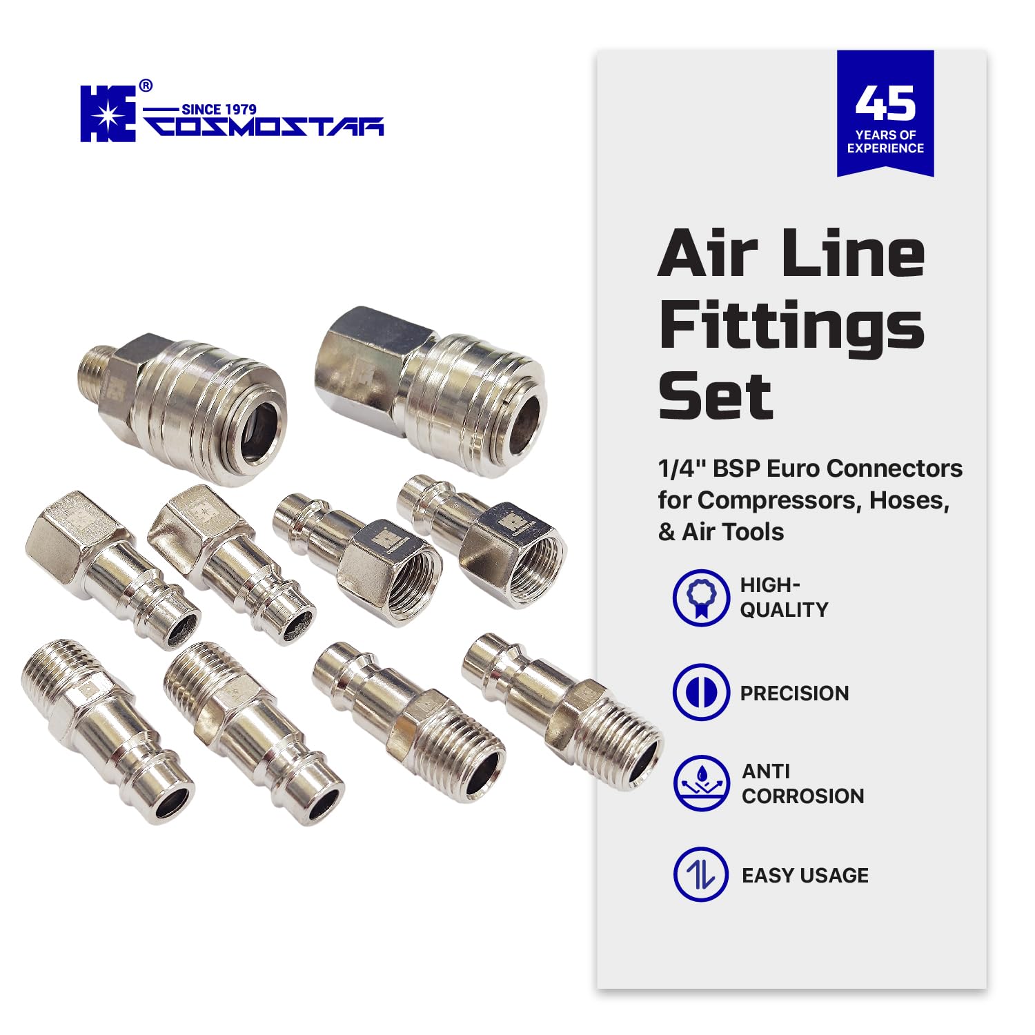 Cosmostar 10-Piece Industrial Air Line Fittings Set, 1/4" BSP Euro Connectors for Compressors Hoses, and Air Tools - Image 2