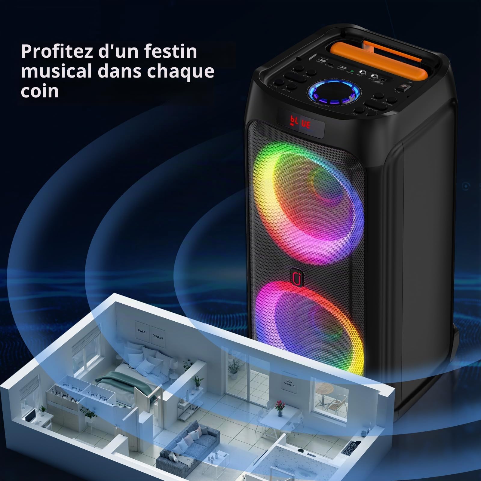 HWWR Machine Karaoke Adultes 2 Micro sans Fil, Puissance Max 500W Enceinte Bluetooth 5.3 Puissante avec Subwoofer 8", Système PA avec Lumières DJ, Idéal pour Les Fêtes en Plein Air