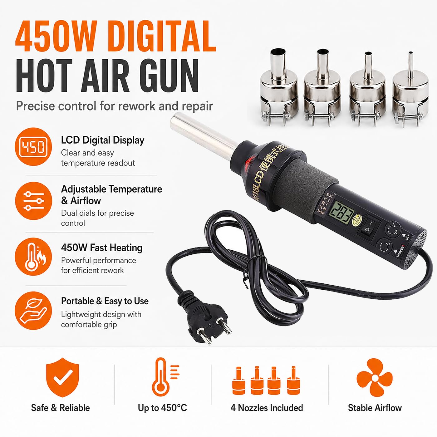 Pistola de Aire Caliente Portátil 450W, Temperatura + Flujo de Aire Ajustable Con Pantalla Digital de Soldadura Desoldadora Soplador de Aire Caliente, para Soldadura Heat Ic Smd Bga, Tubo Retráctil