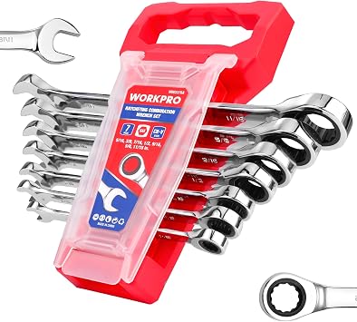 WORKPRO 7 Piece SAE Combination Wrench Set 5/16" 3/8" 7/16" 1/2" 9/16" 5/8" 18/16" 12 Point CR-V Steel with Organizer Rack
