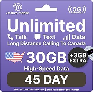 Jethro Mobile USA SIM Card (45 Days), 30GB High-Speed Data, Unlimited Talk/Text/Data, Ready to Use, Unlimited Calling to Canada, Prepaid Card