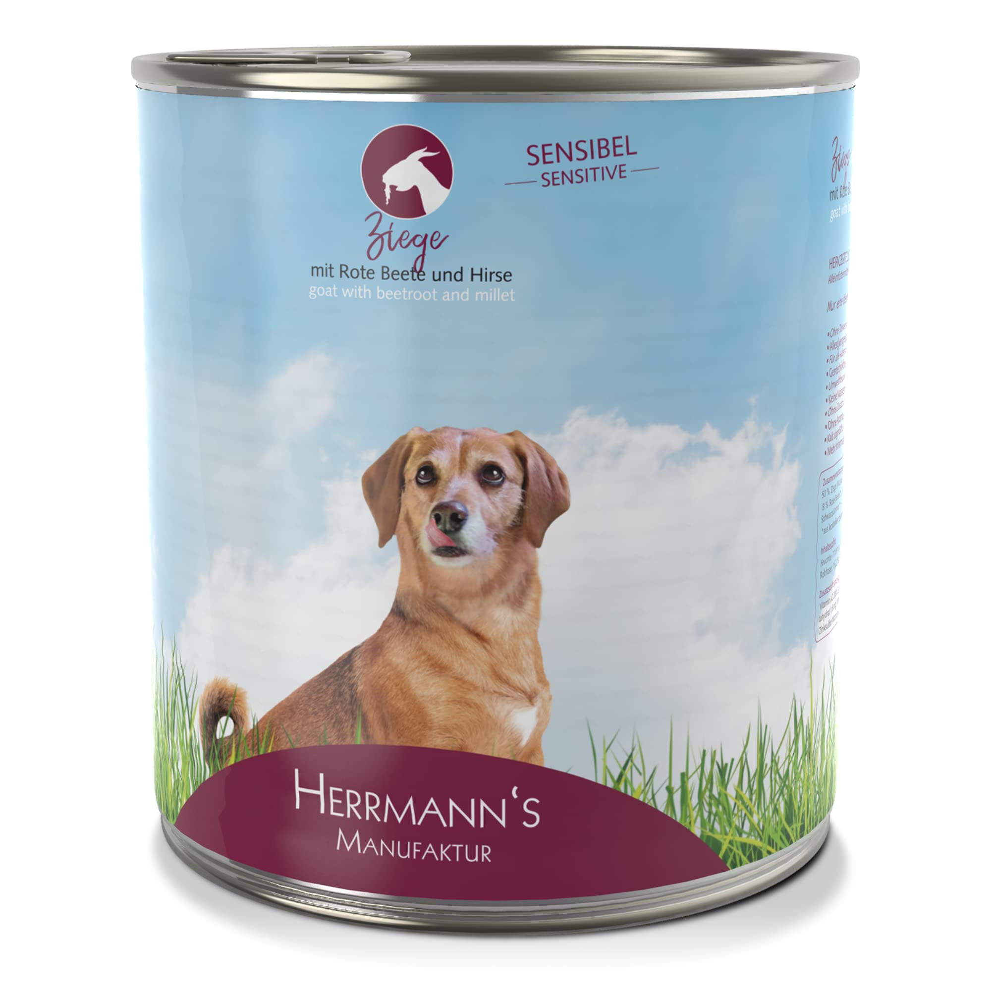 Herrmann´s Manufaktur Ziege für Sensible Hunde - Hundefutter nass mit rote Beete und Hirse - Alleinfuttermittel für Hunde - Gute Verträglichkeit - glutenfrei laktosefrei (6 x 800 g Dose)