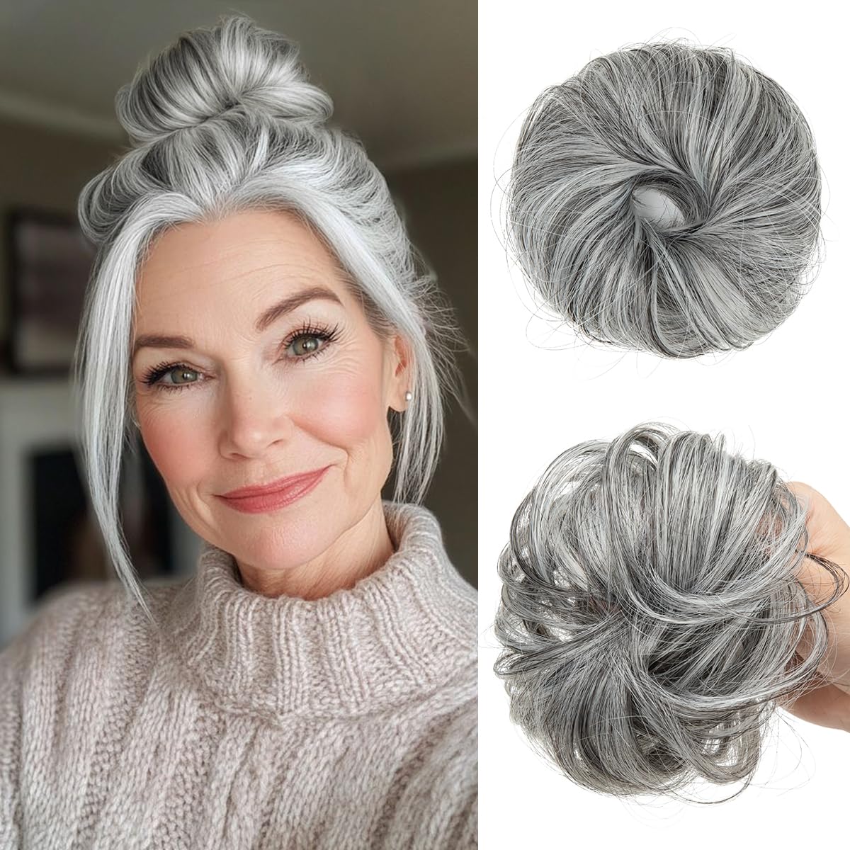CJL HAIR 2PCs Small Cute Messy Bun Hair Piece for Thin Hair Women Mini Synthetic Curly Bun Scrunchies Updo Hairpieces Dark Grey