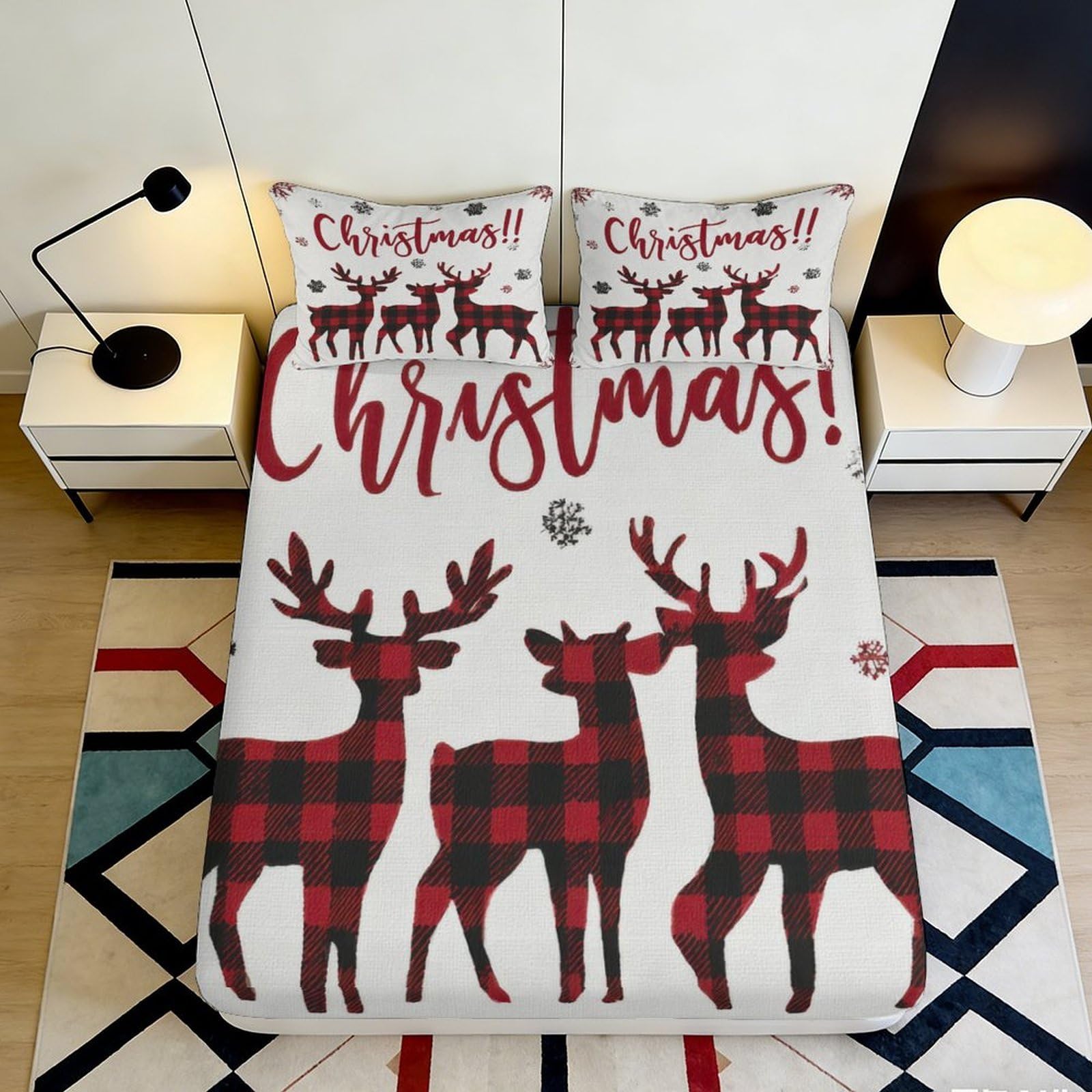 3D Printed Christmas Reindeer Fitted Sheet Microfiber Plaid Mattress Cover for Bedroom Guest Room Decor Dustproof 90x200x25cm