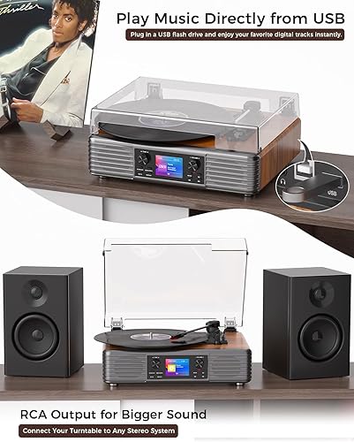 Miniatura 7 de Tocadiscos Bluetooth con altavoces integrados, grabación USB a PC, tocadiscos de 3 velocidades con entrada auxiliar y salida RCA, reproductor de