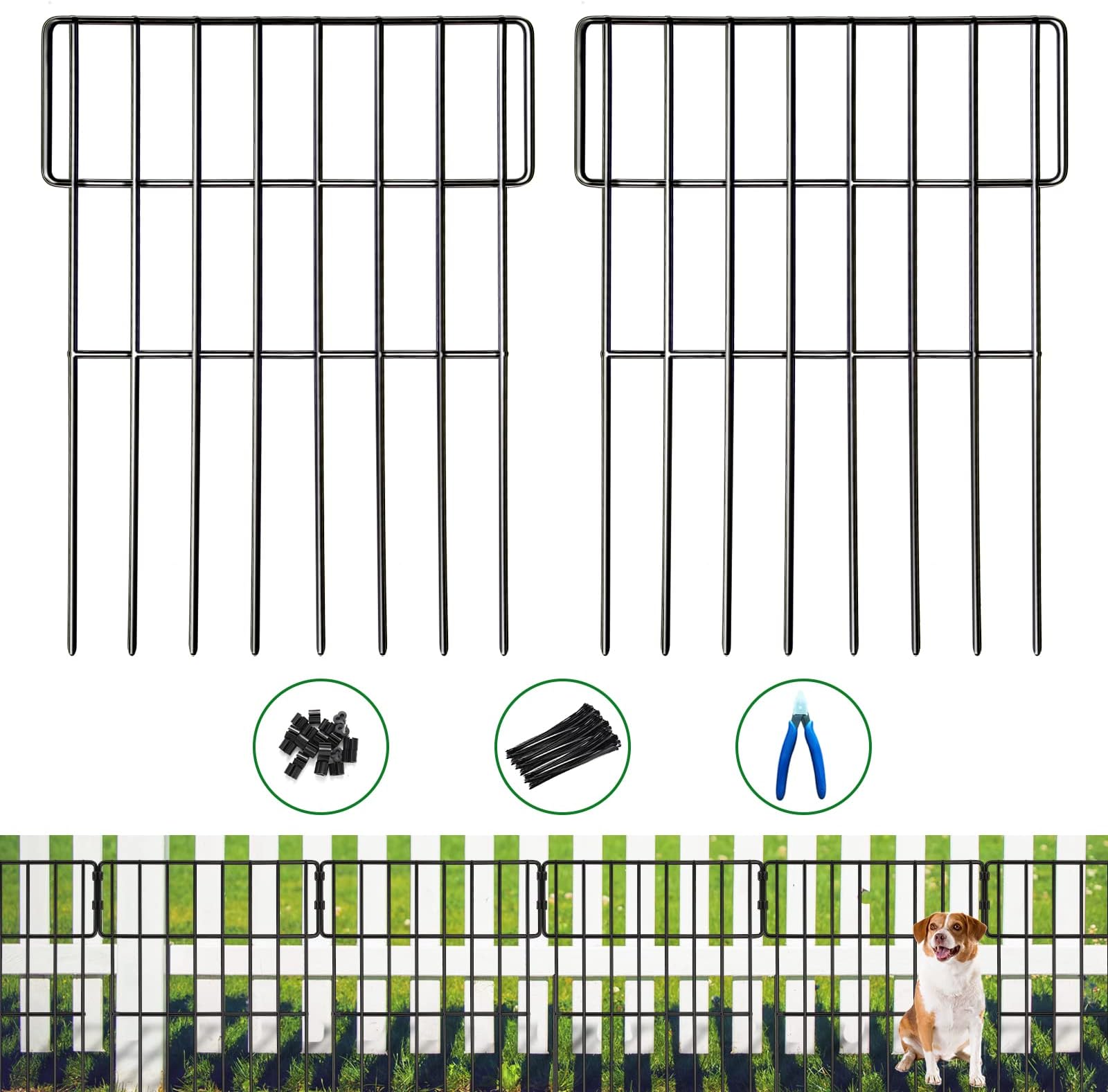 Animal Barrier Fence, 10 Panels No Dig Fence, 10.8ft(L) x 17in(H) Dog Fencing Rabbit Fences, 1.52in Spike Spacing Rustproof Metal Fences Border for Outdoor Yard with Cable Ties and Cutting Plier