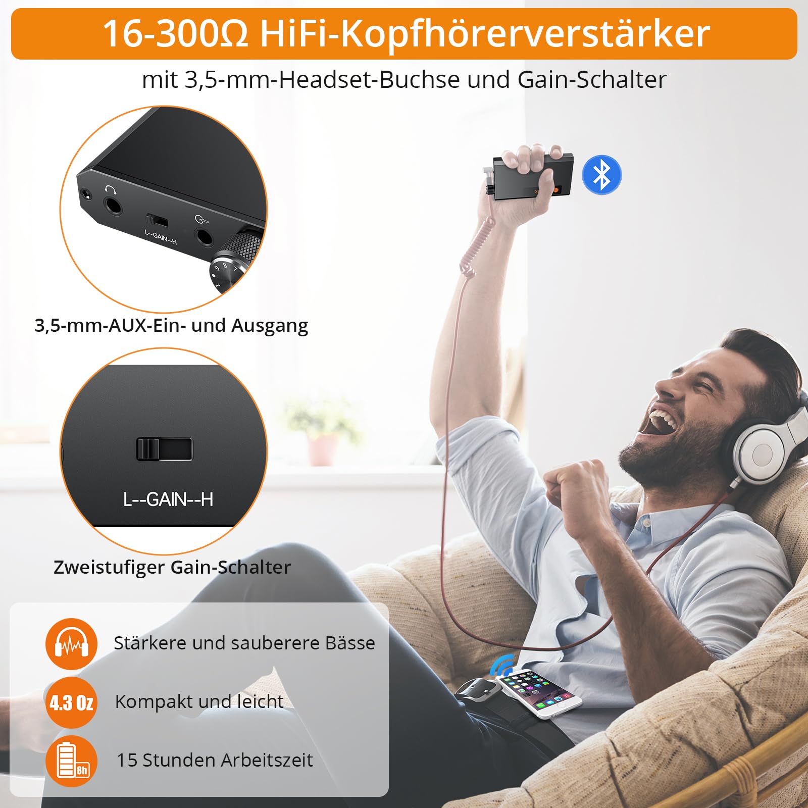 Neoteck HiFi Kopfhörerverstärker Bluetooth 5.0 Empfänger Tragbare 3,5 mm Audio Kopfhörer verstärker Komponenten für MP3/MP4/Telefone/Digital Player/Computer