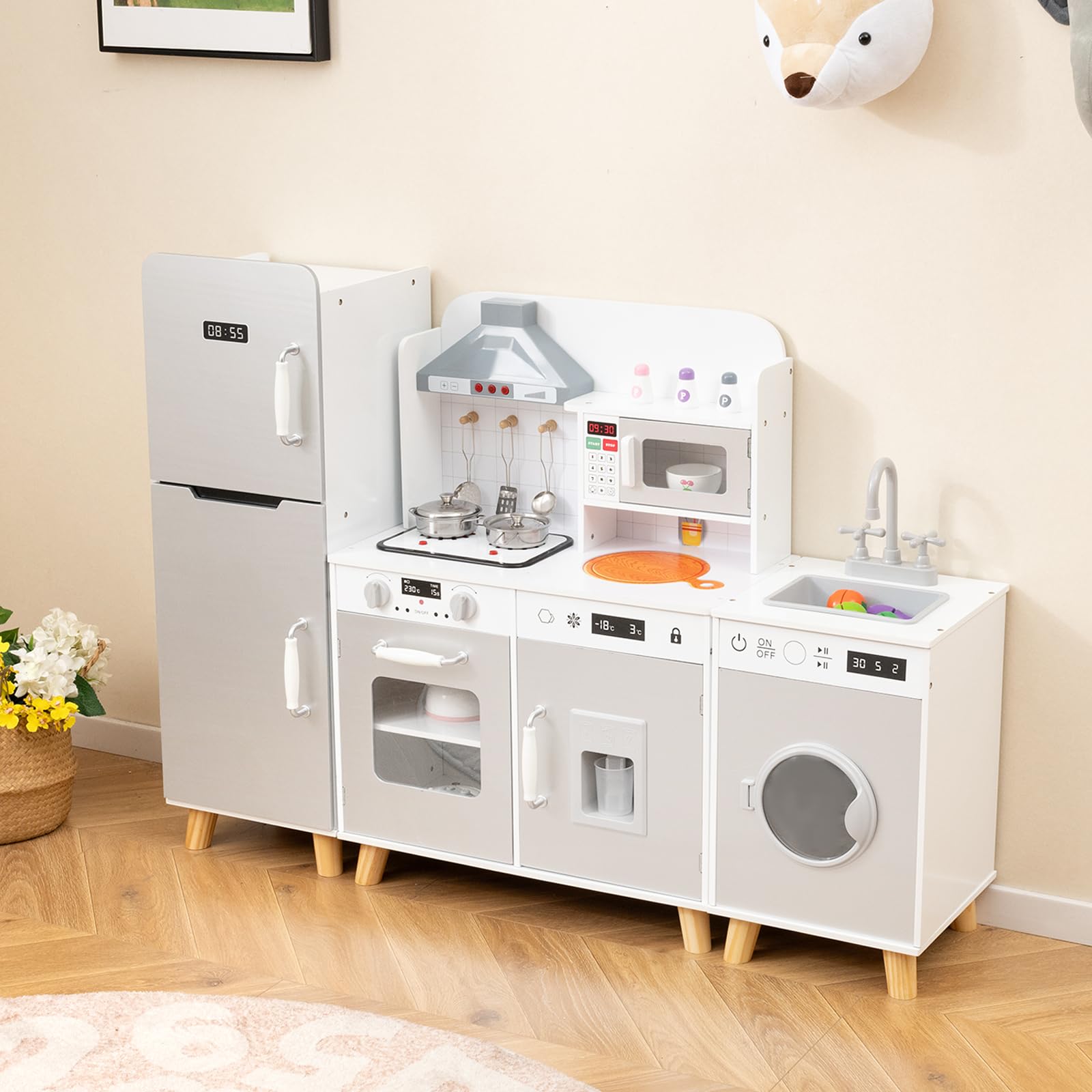 DREAMADE Kinderküche Holz mit Zubehör, Kinder Küche mit Herd Spüle Backofen Waschmaschine, Kinderspielküche mit Licht & Sound, Spielküche für Kinder ab 3 Jahren (Grau)