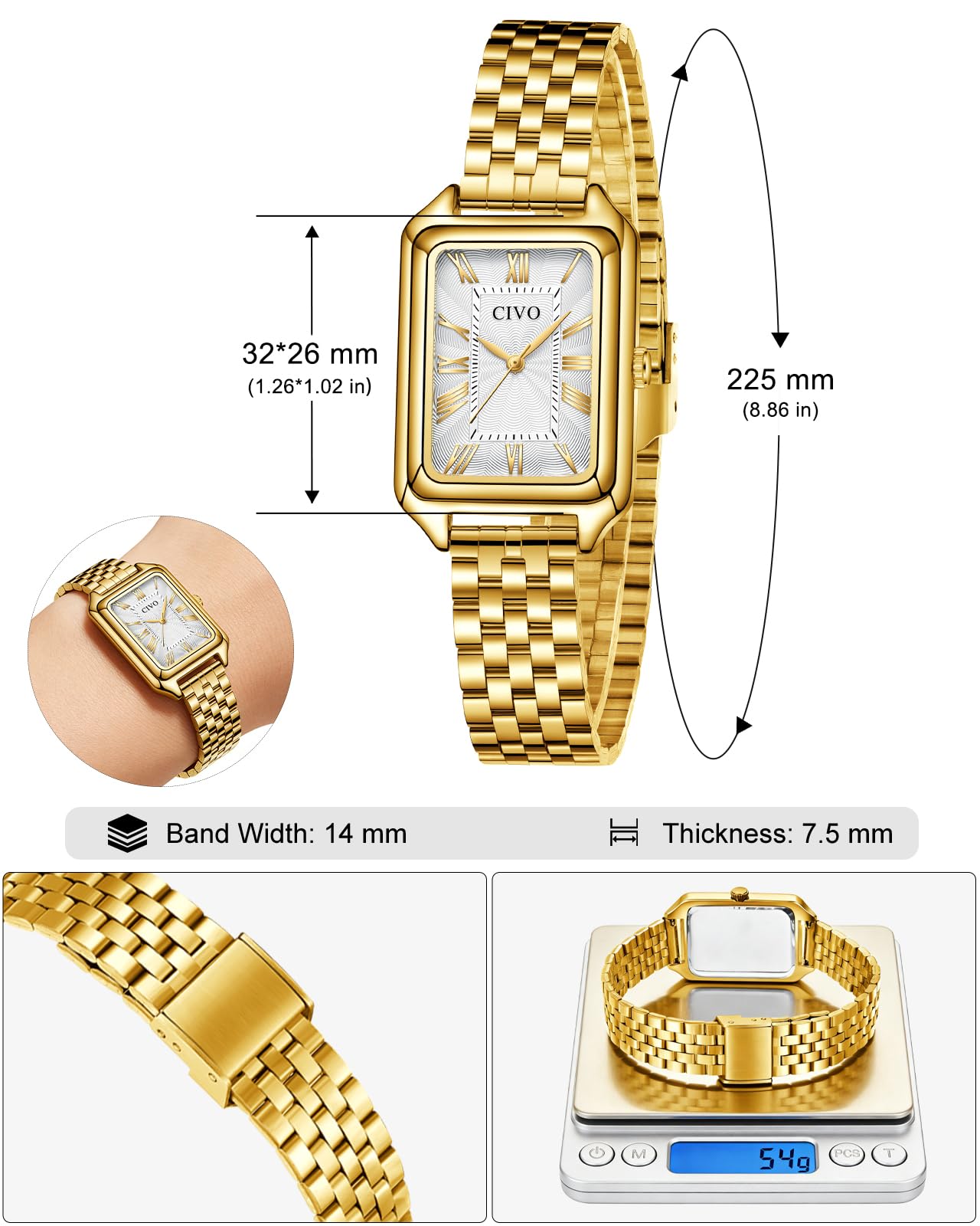 CIVO Vintage Montre Femme Rectangulaire: Or Argent Cadran Romain Analogique | Élégante Montre Habillée pour Femme avec Bracelet en Acier Inoxydable - Accessoires de Mode - Cadeau pour Elle Épouse Noël