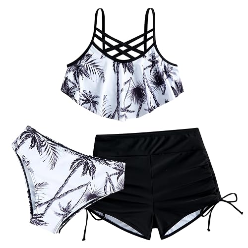 Taubow Girls Swimsuit Kids Bathing Suit 3 Pieces Bikini Set with Shorts Adjustable Swimwear 7-13 Years - 11-12 Years - Black Palm