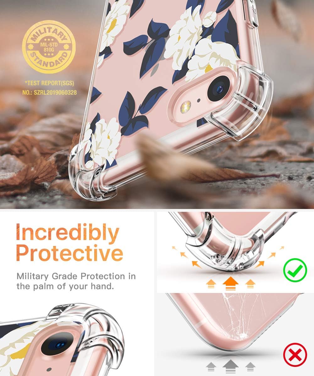 GVIEWIN Clear Flower Designed for iPhone 8 Case/iPhone 7 Case, Soft TPU Silicone Ultra-Thin Slim Fit Transparent Flowers Flexible Cover (White Flowers/Dark Blue)