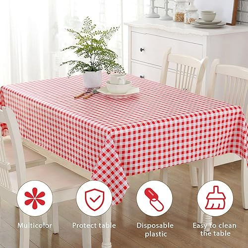 Miniatura 5 de Fixwal Paquete de 6 manteles de plástico desechables de plástico a cuadros rojos de 54 x 108 pulgadas, manteles rectangulares de alta calidad para