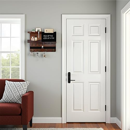 Miniatura 7 de Soporte para llaves y correo de granja para decoración de pared, organizador rústico de correo y llaves para pared con diferentes ganchos, pizarra,