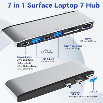 Surface Laptop 7 USB Hub Docking Station, Surface Laptop 2024 Accessories with 4K HDMI, USB-C Thunerbolt 4 (8K Display+40G Data+100W Charging), 2 USB 3.0, USB-C, SD/TF, hub for Surface Laptop 7 (2024)