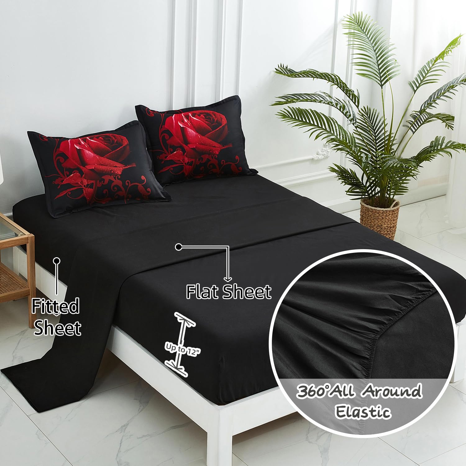 Set di biancheria da letto matrimoniale, 7 pezzi, motivo floreale con rose rosse, set di lenzuola reversibili in morbida microfibra (1 piumone, 2 federe, 1 lenzuolo piano, 1 lenzuolo con angoli, 2
