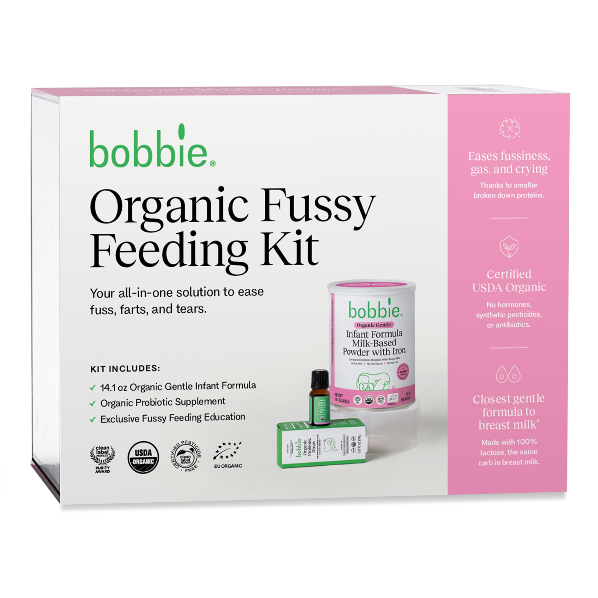 Bobbie Fussy Feeding Kit, Organic Gentle Baby Formula Milk Based Powder with Iron, DHA, Vitamin D & 100% Lactose (14.1 oz) Baby Probiotic Drops 1 Billion CFU (0.27 fl oz) Newborn Baby-12 Months Old