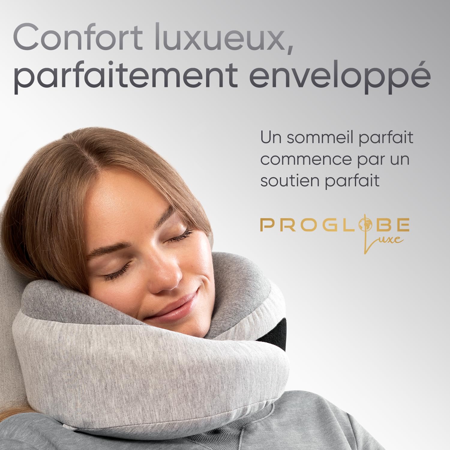 Proglobe Luxe Oreiller de Voyage Cervical 360° Avion, Gris Clair | Mousse à mémoire de forme, housse lavable en coton biologique et sac de transport compact.