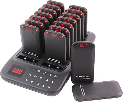 Restaurant Pager System, 16 LED Beepers Wireless Calling System Queue Pagers for Food Truck Church Nursery Clinic Coffee Shop Restaurants Bar with Vibration Flash Buzzer Black