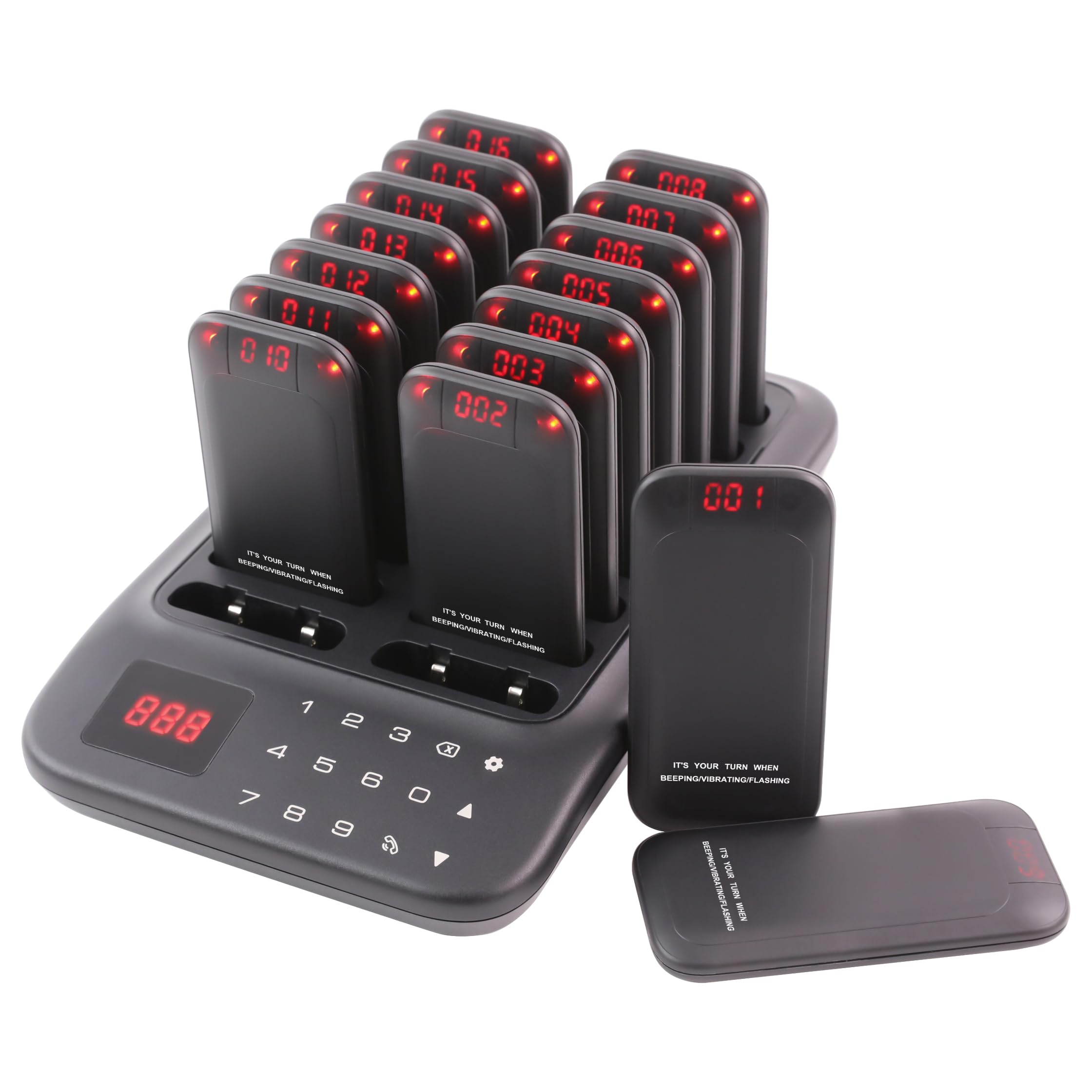 Photo 1 of LOUKIENE Restaurant Pager System, 16 LED Beepers Wireless Calling System Queue Pagers for Food Truck Church Nursery Clinic Coffee Shop Restaurants Bar with Vibration Flash Buzzer (Black)