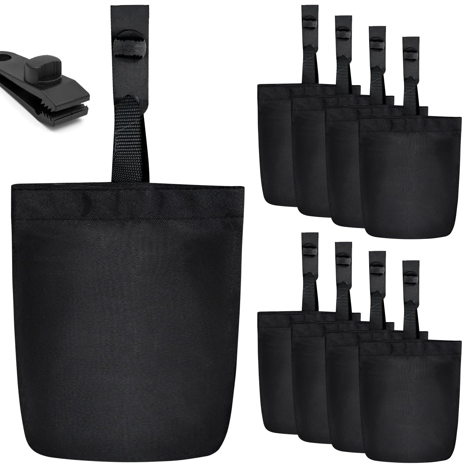 PORFOYO Lot de 8 sacs de sable à remplir pour tonnelle, sacs de sable, petits poids de tonnelle, avec clips de fixation, ensemble de sacs à eau pour protection contre le vent, lestage
