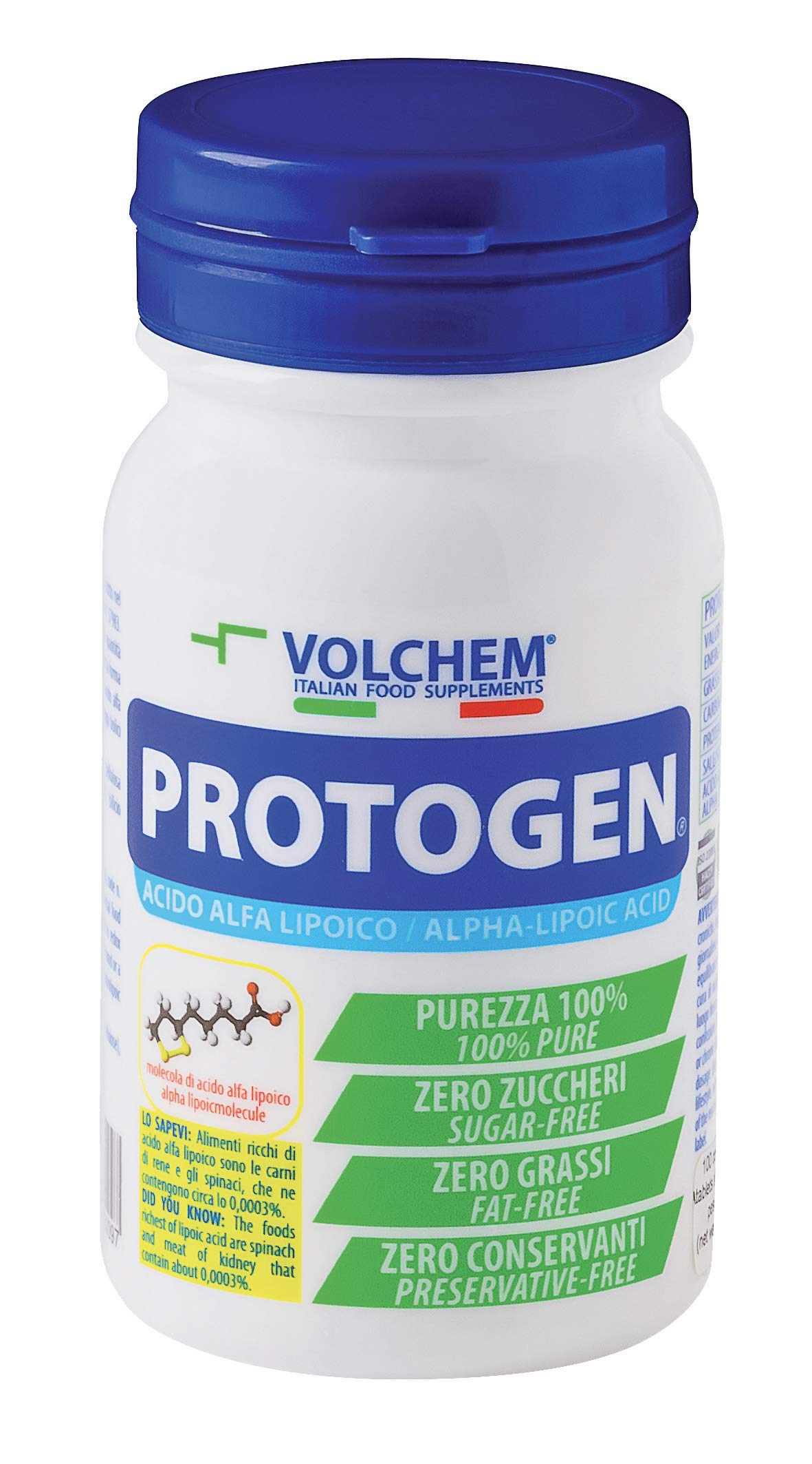 Volchem Protogen, Integratore Alimentare con Acido Alfa Lipoico, Antiossidante ed Energetico, 100% Purezza, Senza Grassi, Conservanti e Zuccheri, Barattolo da 100 Compresse, 75 g