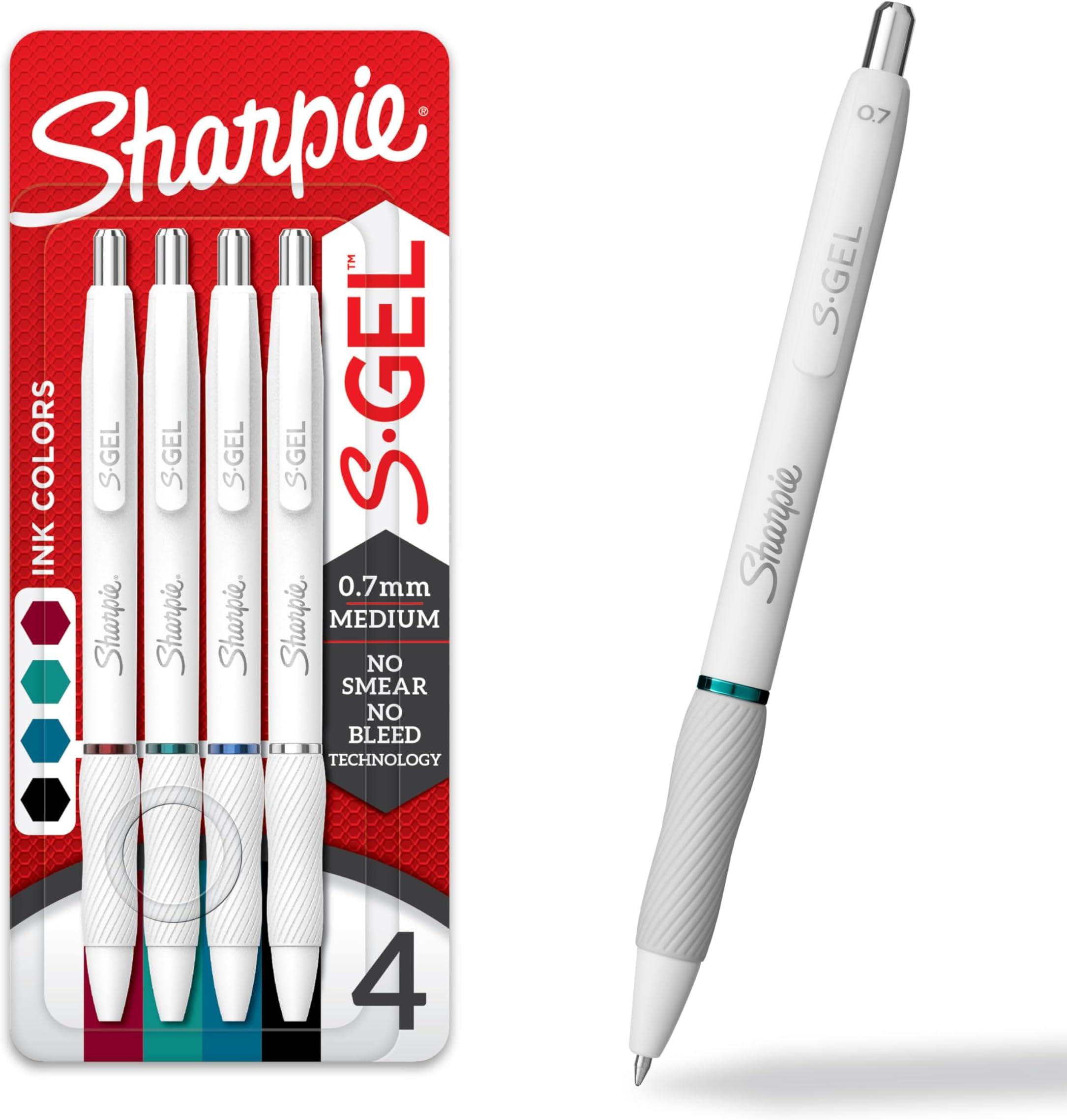 SHARPIE S-Gel Pens, Fashion Barrel Gel Pens, Pearl White Body, Medium (0.7mm) Point, Updated Classic Color Assortment, 4 Count