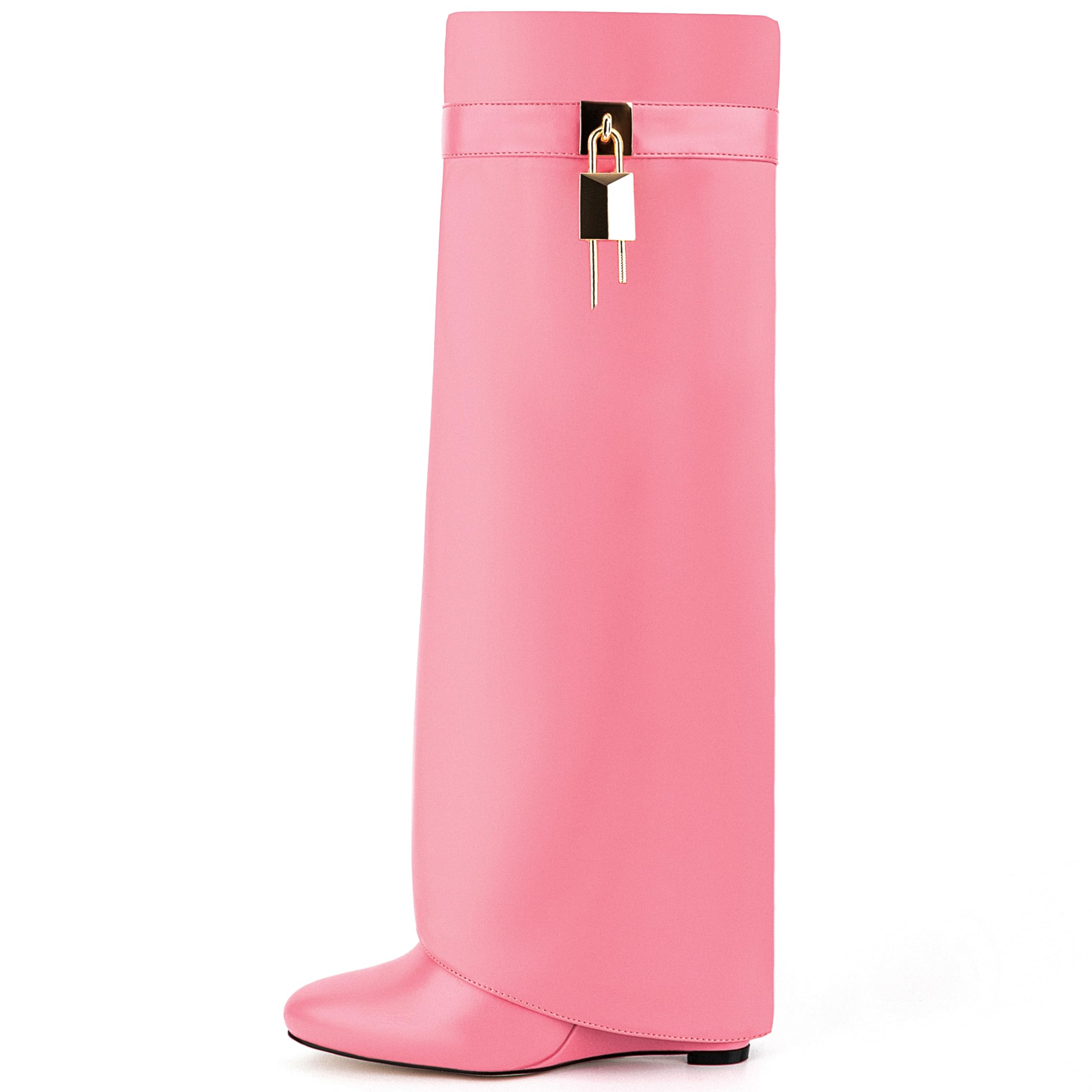 Women's Fold Over Knee High Shark Boots Wedge Heel Side Zipper