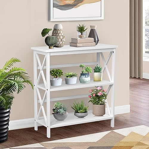 Miniatura 4 de Tangkula Estantería y estantería de 3 niveles, estantería abierta de madera, estantería Etagere de diseño X para el hogar, sala de estar, oficina,