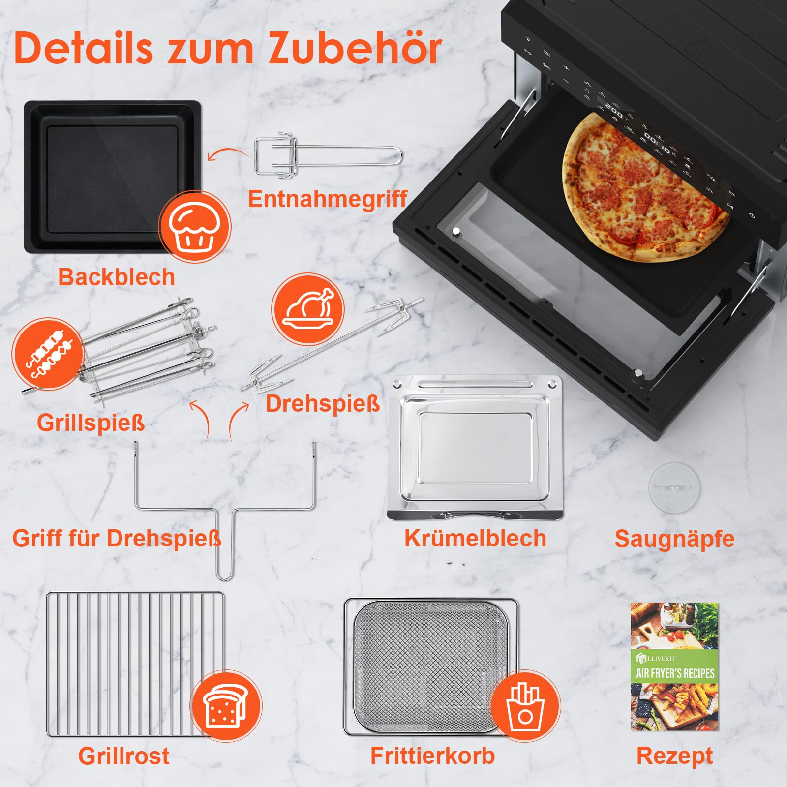 LLIVEKIT 30L Heißluftfritteuse XXL, Minibackofen Umluft mit 20 Programme und 9 Zubehör, Mini Backofen mit LED-Touchscreen, Airfryer Oven ohne Öl mit Sichtfenster, Zwei Kochmodi, Rezeptbuch, 80°C-230°C