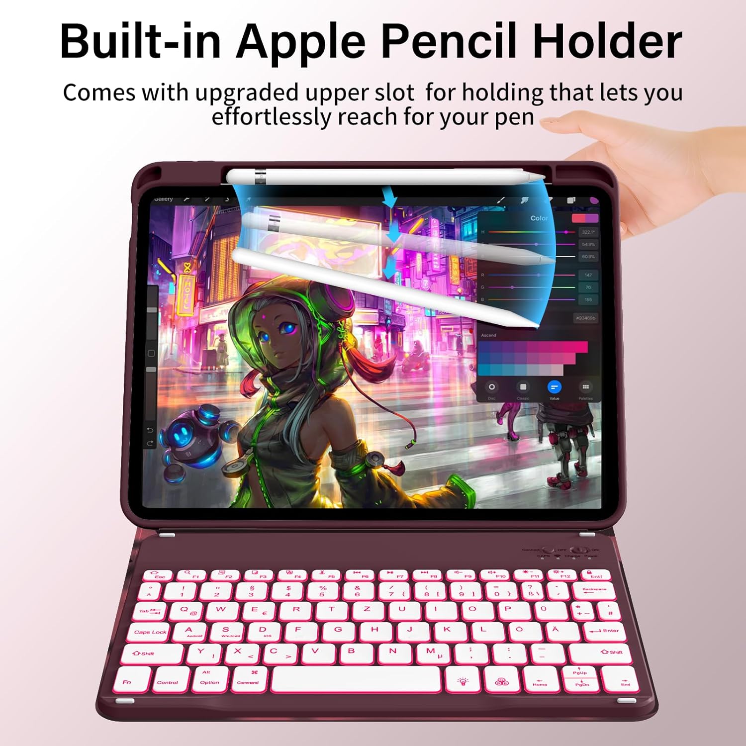 kenke for iPad 11/10th Gen Case with Keyboard 11/10.9 inch 2025 A16/2022, Detachable Wireless Bluetooth Keyboard Case with Right Side Pencil Holder, Backlit White Square Keycaps (Cherry) - Image 4