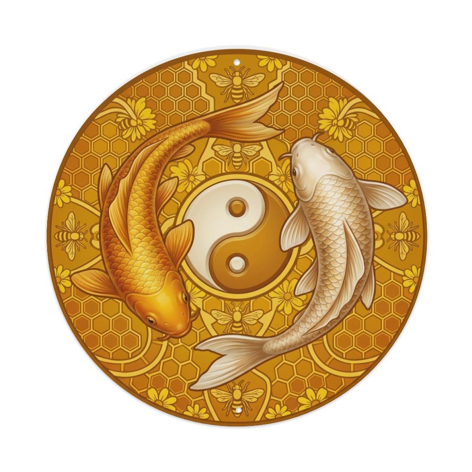 Metal Tin Sign Tai Chi Koi Fish Honey Gold Amber Art