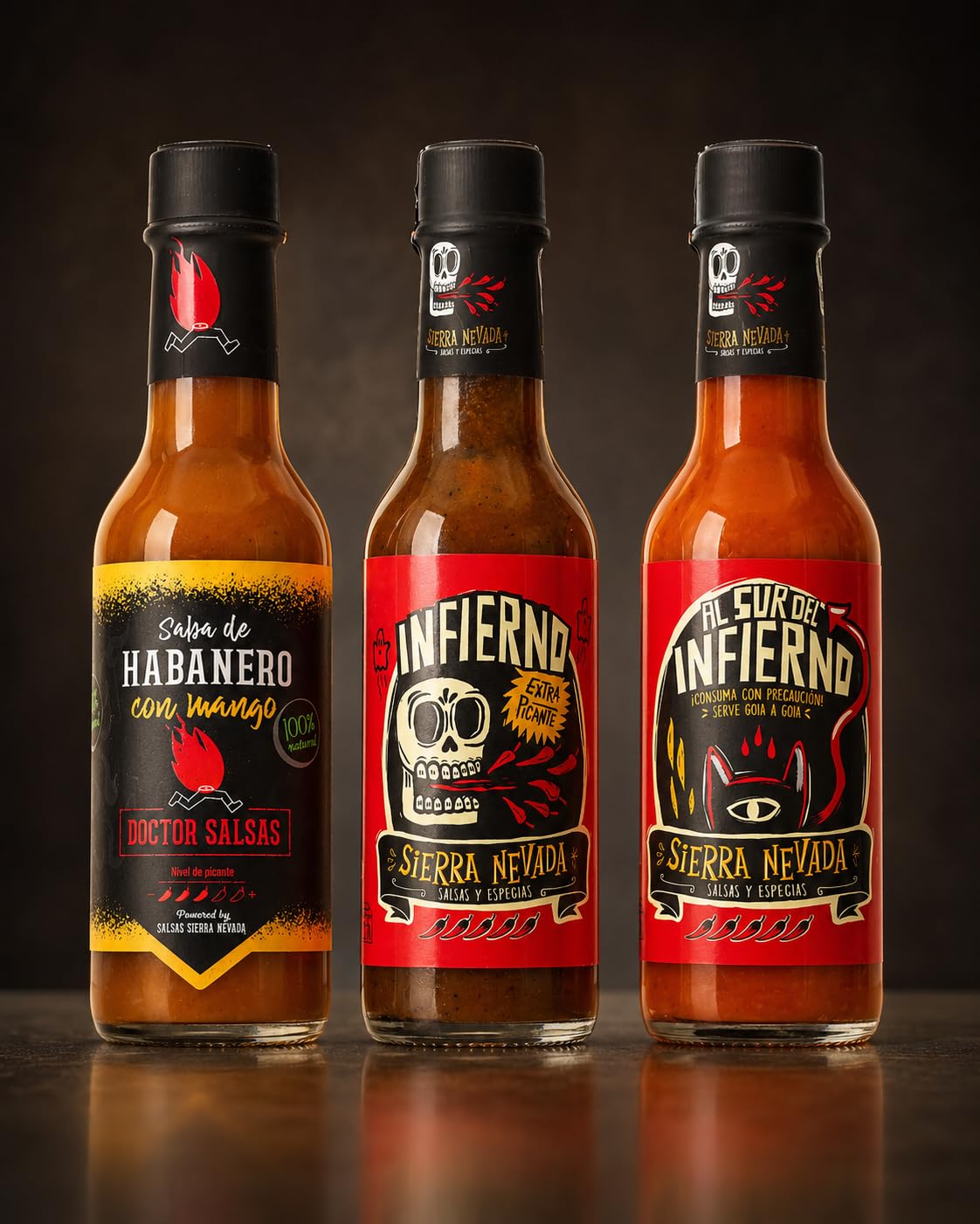 Sierra Nevada Pack 3 Salsas Picantes 150 ml, Habanero con Mango, Infierno y Al Sur del Infierno, salsas gourmet sin gluten para carnes, tacos y barbacoas