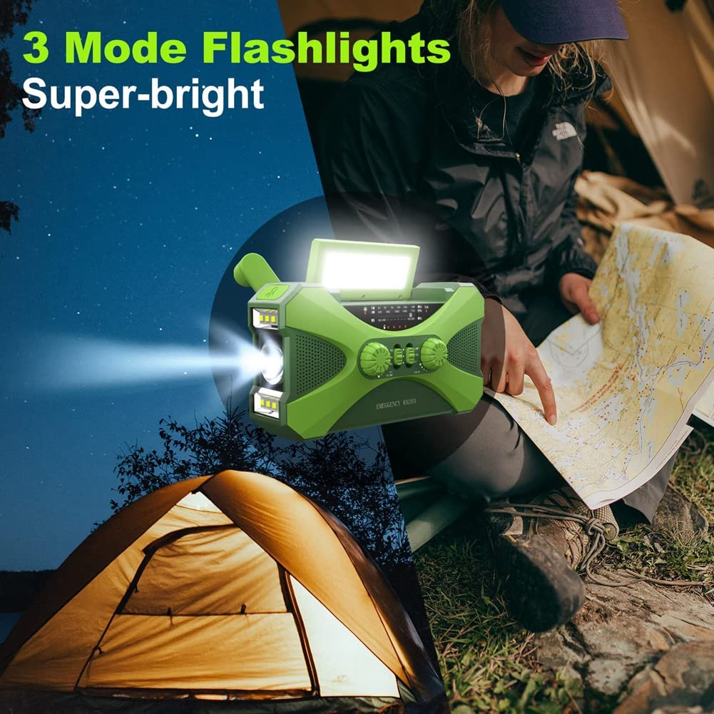 TsoLay Radio de Emergencia de 10000MAh, Radio de Manivela Solar, Portátil con Cargador de Teléfono, Linterna LED Verde
