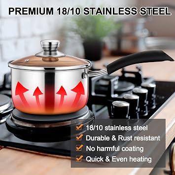 LIANYU 1QT & 2QT & 3QT Saucepan Set with Lids, 18/10 Stainless Steel Sauce Pan Cookware Sets, Kitchen Cooking Small Pots with Long Heatproof Handle, Easy Clean & Dishwasher Safe