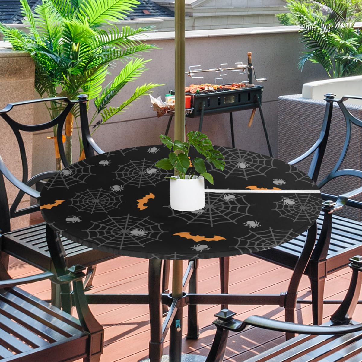 XMNYGJ Halloween Bat Round Tablecloth with Umbrella Hole Outdoor Waterproof Fitted Table Cover Elastic Edge Polyester Fabric Zippered Table Cloth for Patio Picnic 45