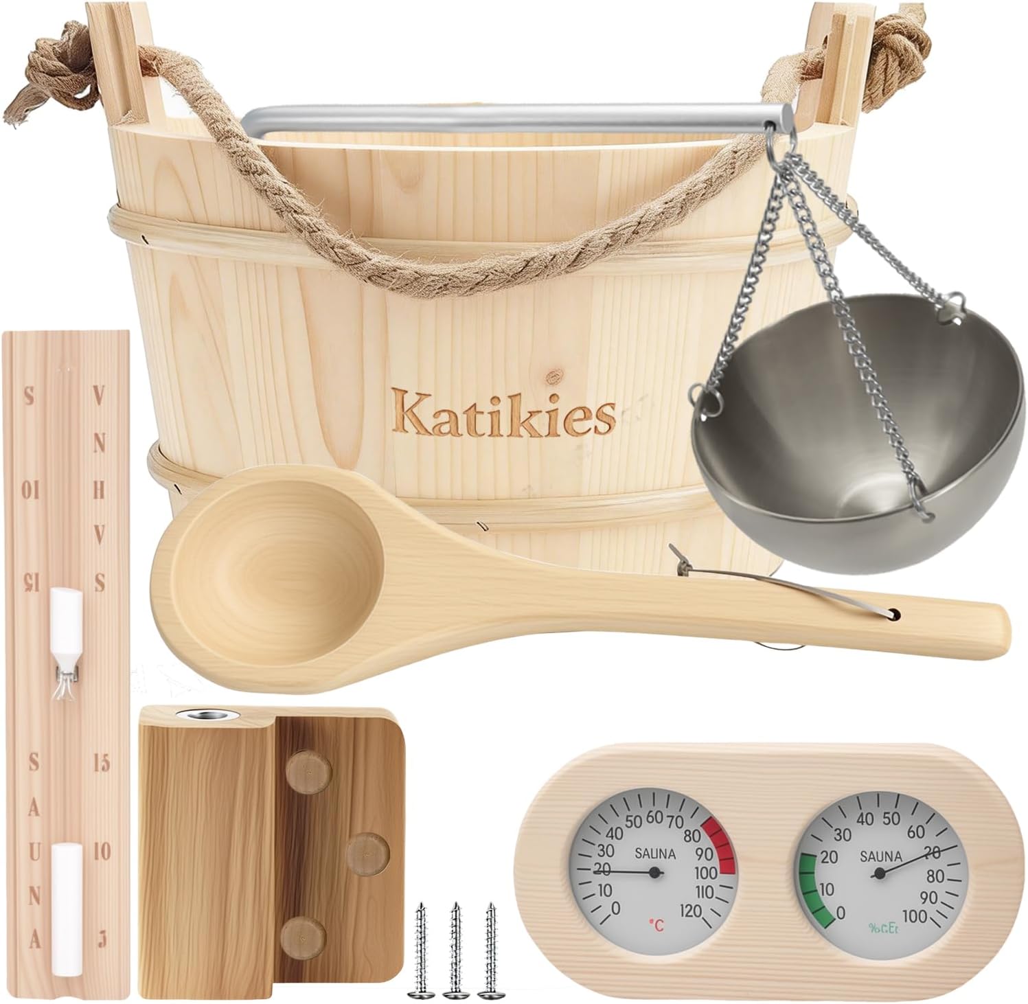Sauna Accessories Kit, Bucket and Ladle Set, Thermo-Hygrometer, Hourglass, Aromatherapy Bowl Oil Cup Holder, 5-Pack (Pine) (Wood)