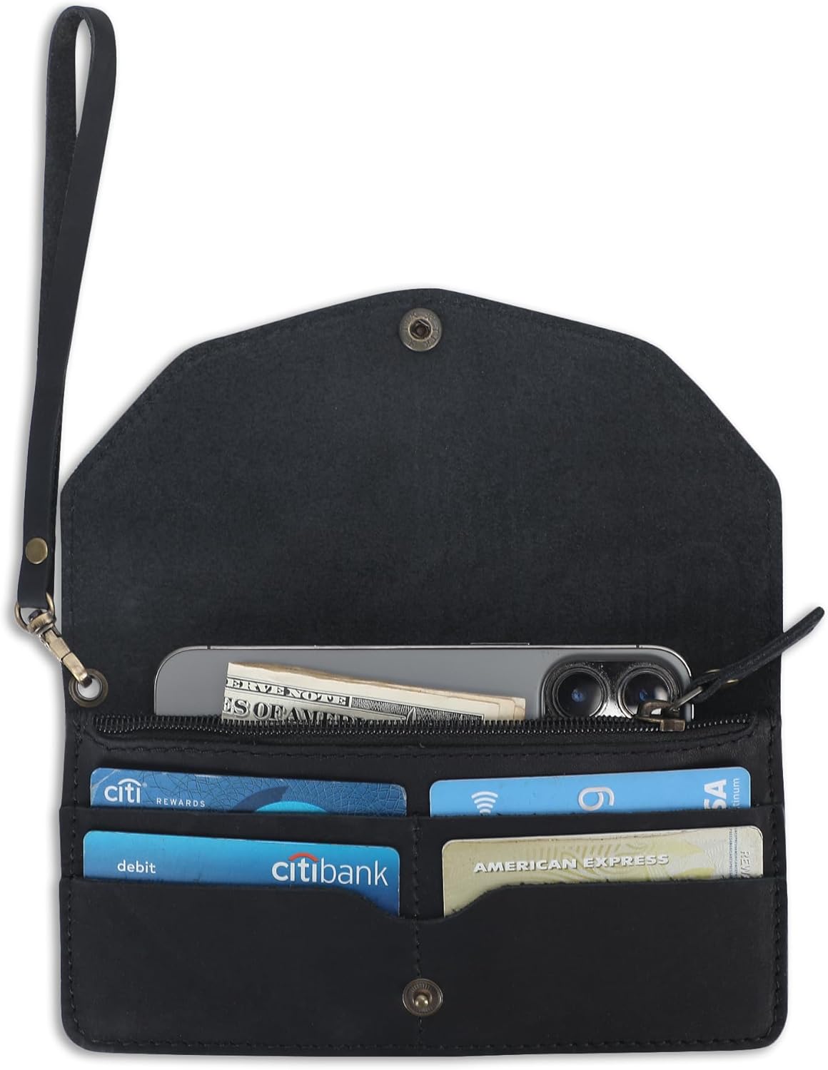 Leather Money Bag Wallet for Women, Reusable Budget Organizer, Retro Clutch Wallet Vintage Cash Envelope Continental Wallet Travel Currency Organizer Long Utility Pouch (Black) - Image 2