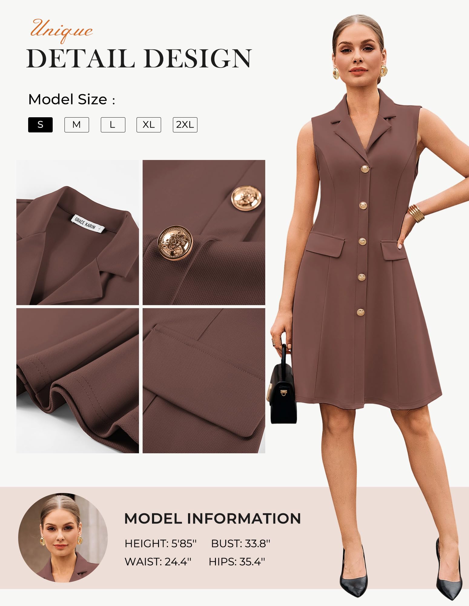 GRACE KARIN Arbeitskleider für Damen, ärmellos, Knopfleiste, Midi-Kleid, Revers, V-Ausschnitt, formelles Büro, A-Linie