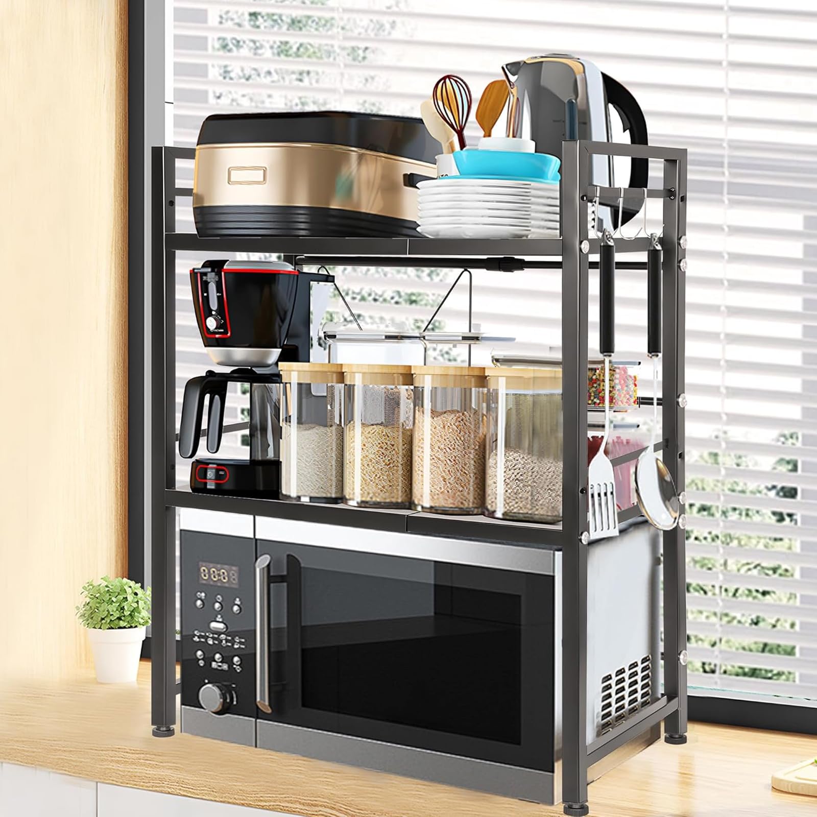OUUTMEE Estantería expandible para microondas, estantería para microondas ajustable en altura de acero al carbono, organizador de mesa de cocina plegable para tostadora (negro de 3 niveles)