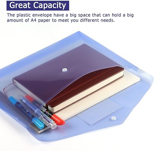 Miniatura 5 de Paquete de 6 carpetas transparentes para documentos, sobres de plástico de polietileno con bolsillo para etiquetas y botón a presión
