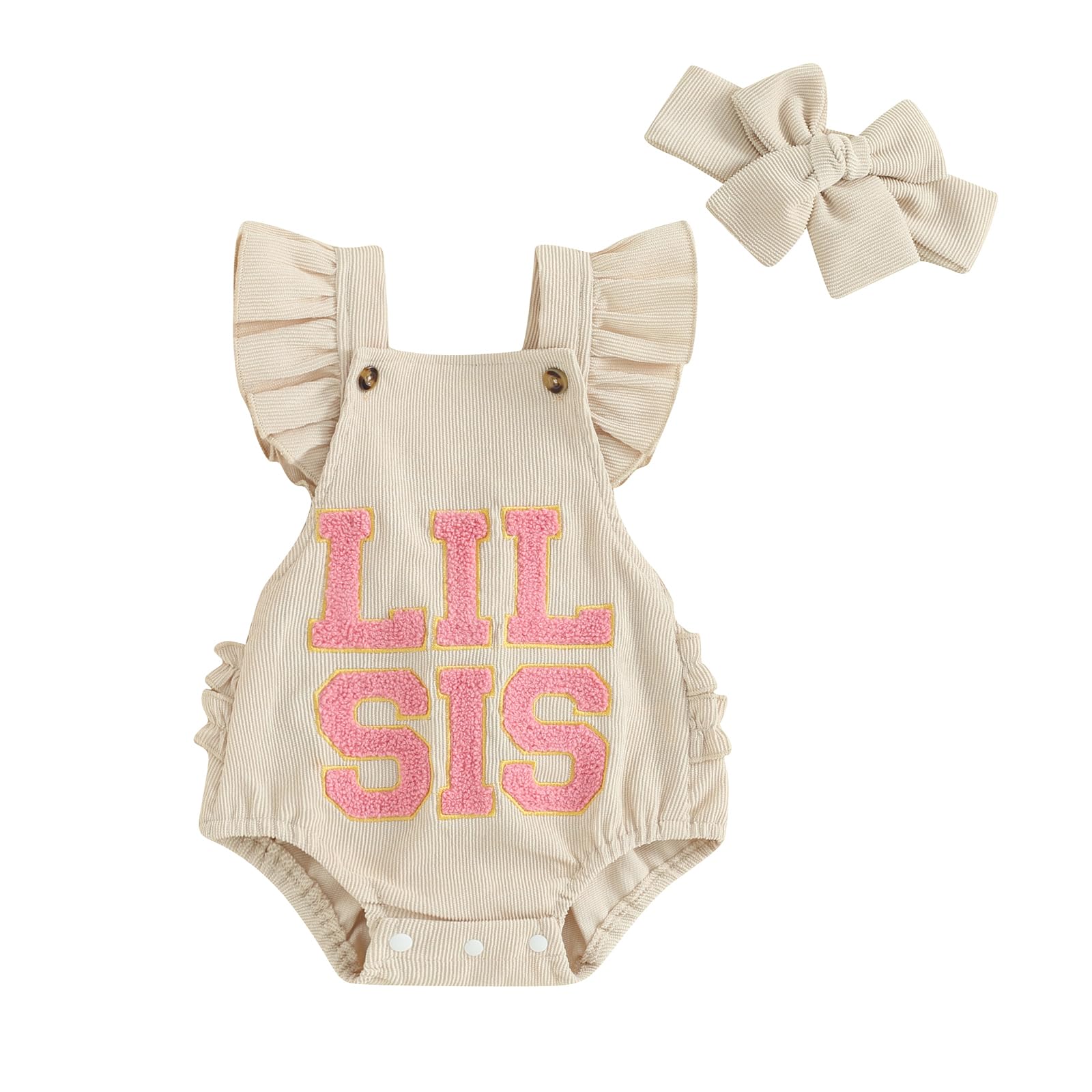 LAGKIYOJ Baby Girl Summer Clothes LIL SIS Ruffle Butts Sleeveless Onesie Backless Bubble Romper Cute Newborn Girl Outfits (Khaki SIS, 12-18 Months)