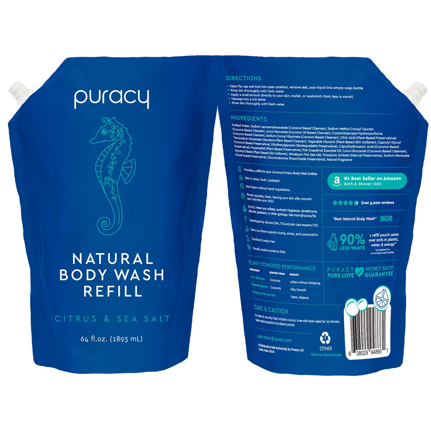 Puracy Natural Body Wash Refill 64 Fl Oz Moisturizing Hypoallergenic