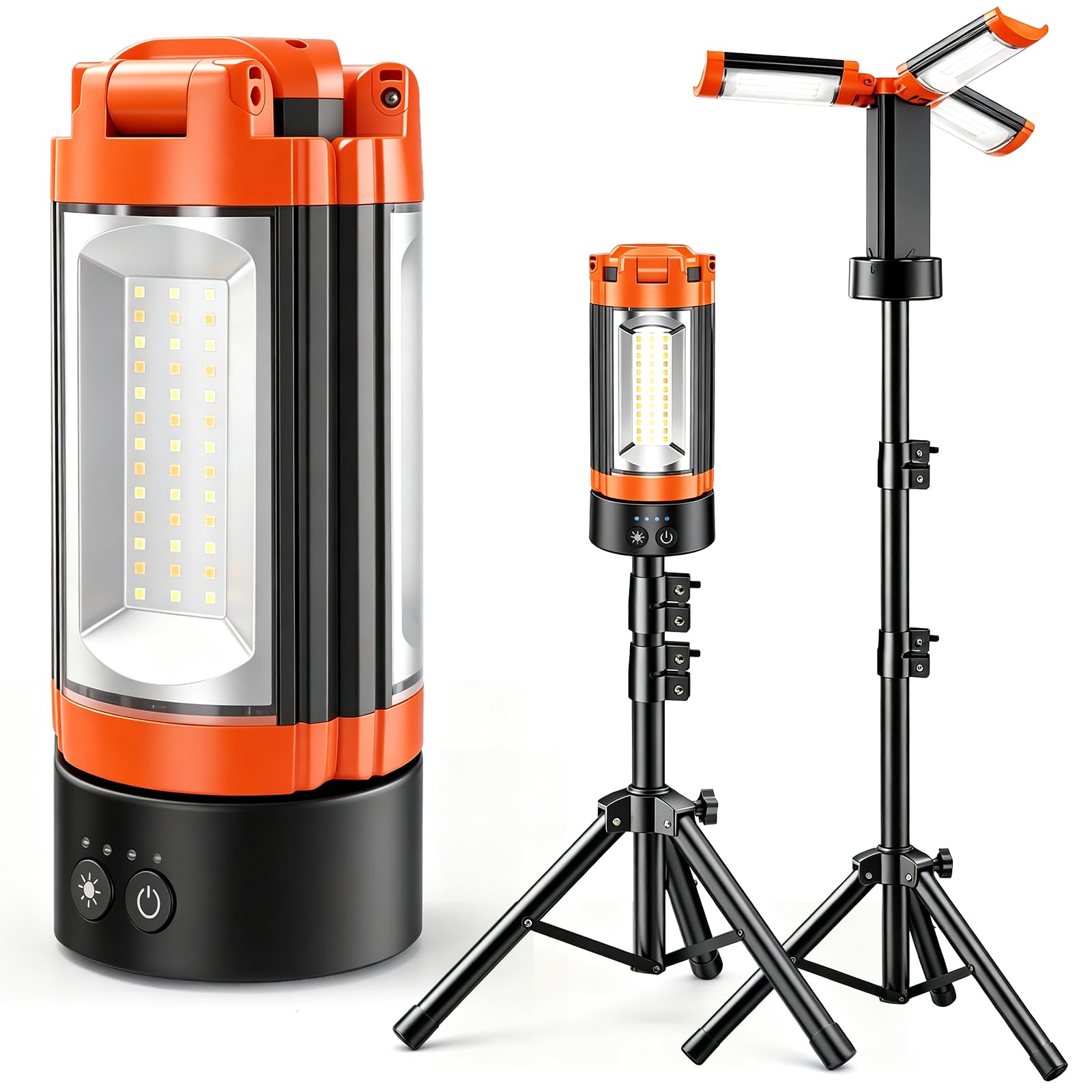 Lampe de camping rechargeable 12 000 mAh avec support réglable, lampe de travail sans fil avec 3 têtes de lampe LED, 2200 lumens à intensité variable, lampe de poche d'urgence magnétique avec trépied