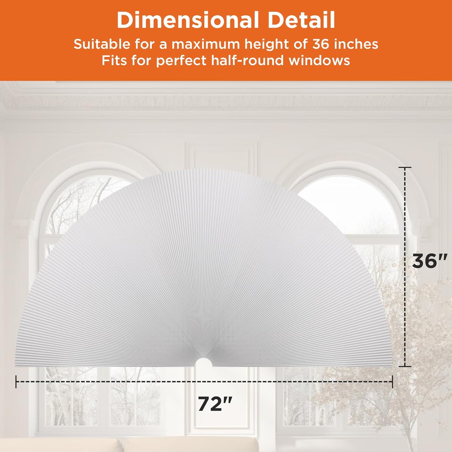 Arch Windows Shade 100% Blackout Cordless Cellular Shades for – Half Circle Honeycomb, No Drill Easy Install Light Blocking Blinds, Bedroom & Nursery (1 PCS White, 36"x72")