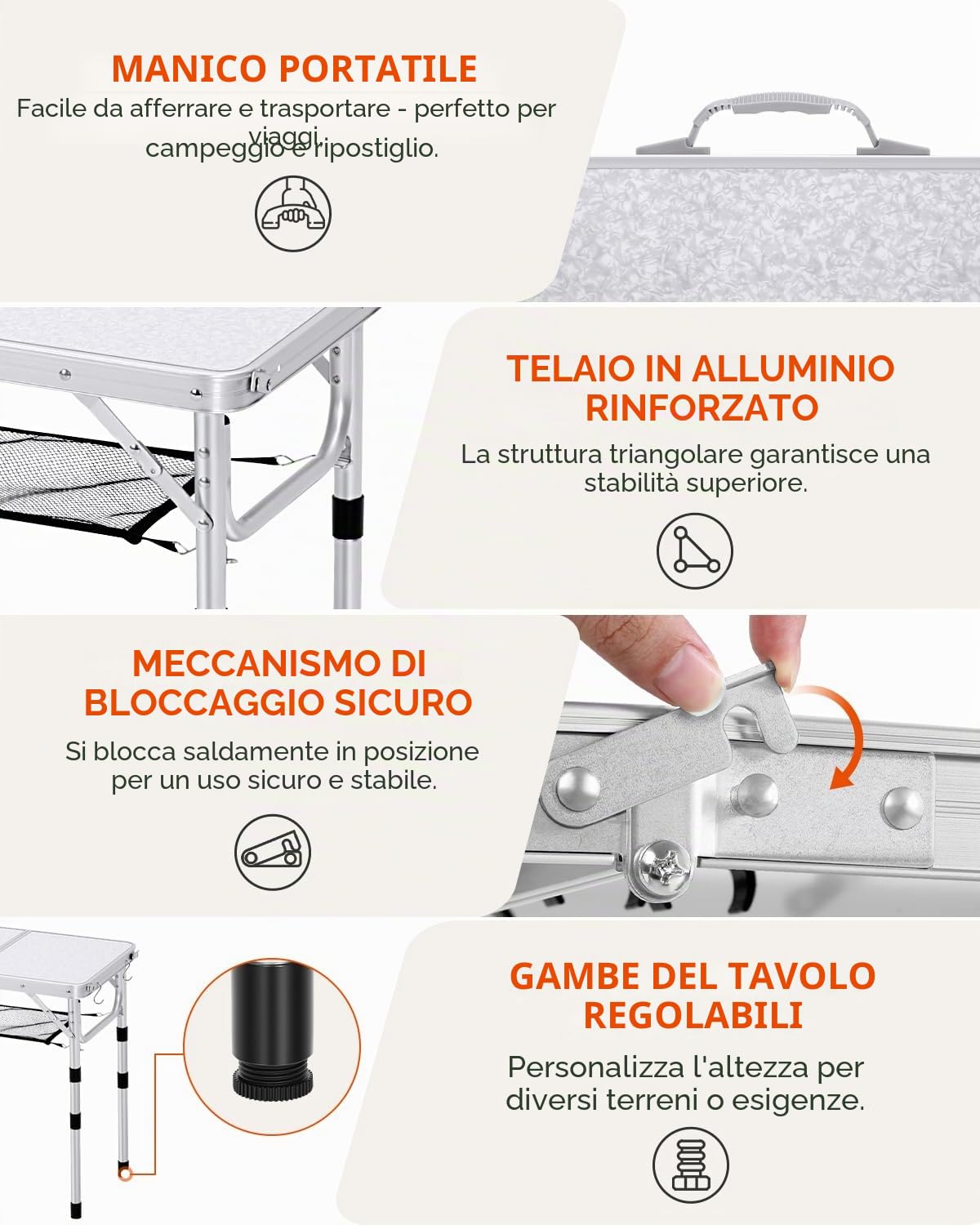 Sportneer Tavolino da Campeggio Pieghevole, Regolabile in Altezza, 60×40 cm, Portatile con Ripiano in Rete, 4 Altezze, Tavolo da Esterno per Picnic e Spiaggia, Bianco